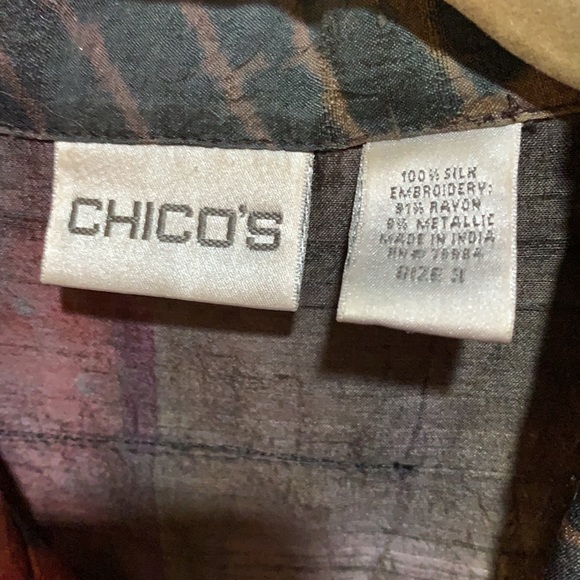 CHICOS BLOUSE PATCHWORK SILK/BEADED SZ 3 MAGENTA - Picture 4 of 6